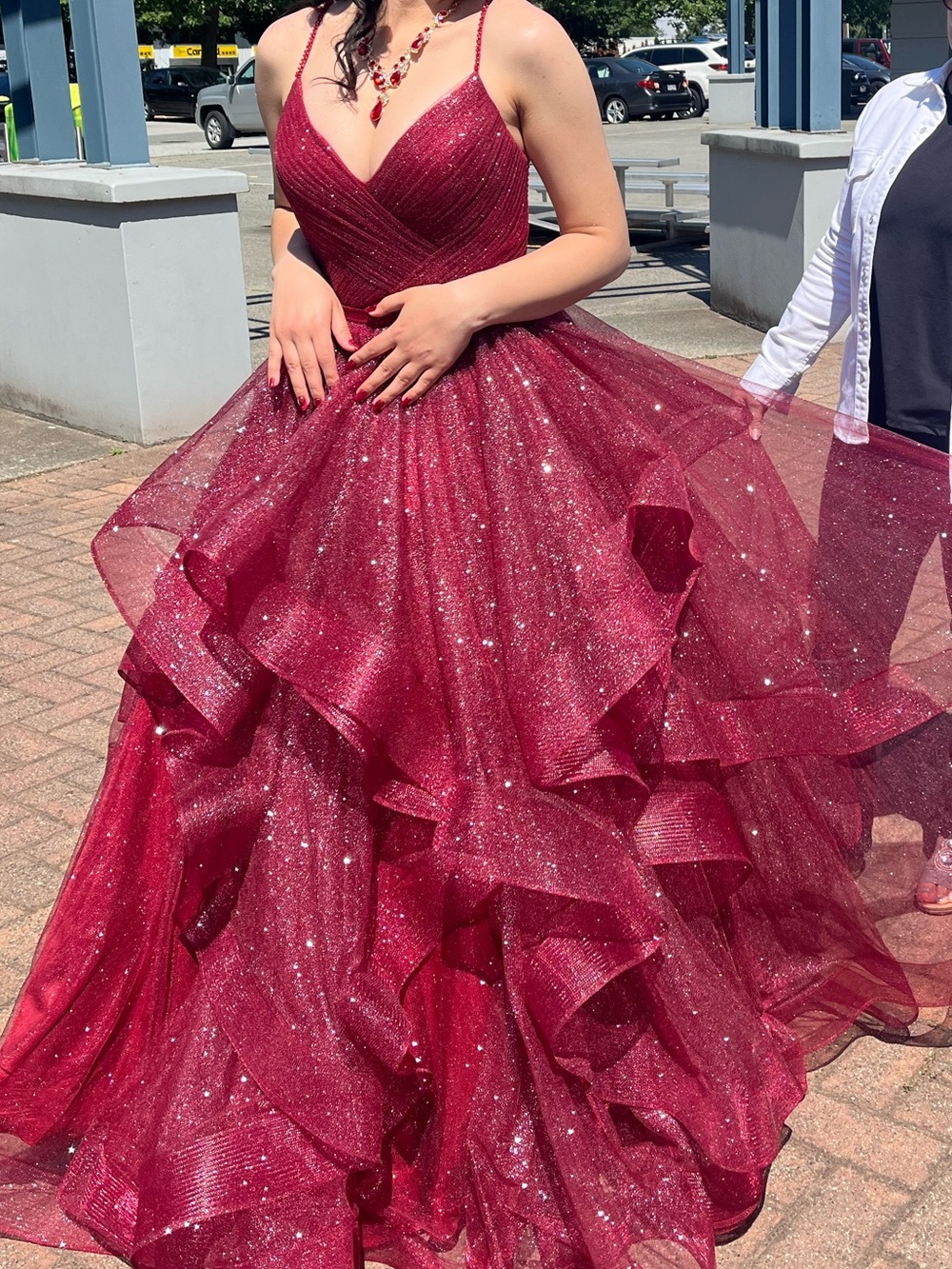 Glamorous Sparkling Burgundy Prom Ball Gown with Spaghetti Straps